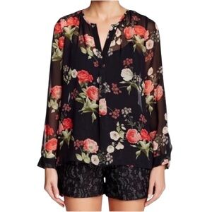 Joie silk black floral rose print long sleeve sheer top Sz M excellent condition